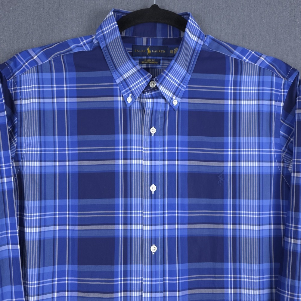 Ralph Lauren Classic Fit Shirt Mens 2XL Blue Plaid Cotton Stretch Long Sleeve - Picture 2 of 10